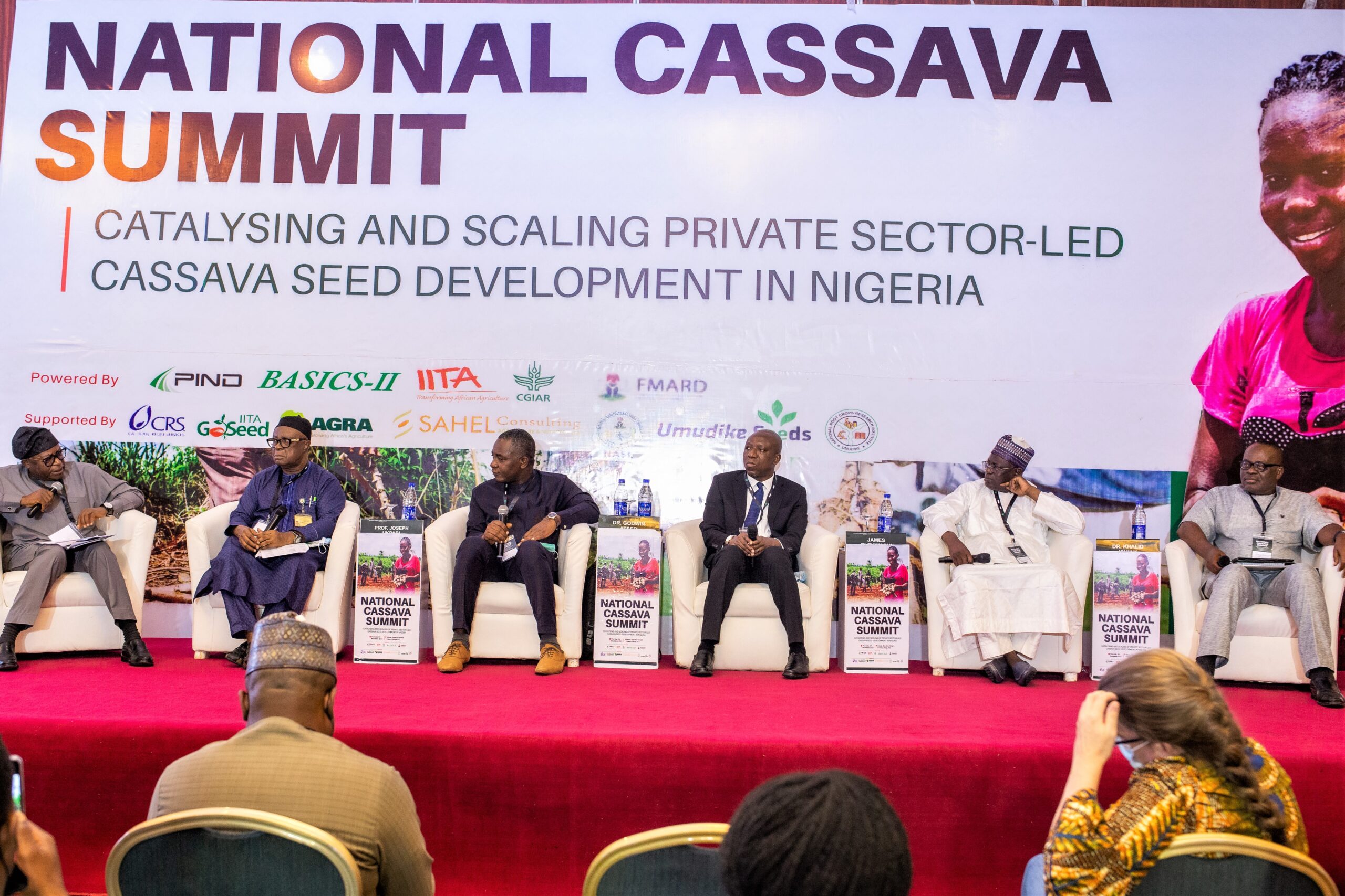 L-R: Dr Olusegun Ojo. Director General, National Agricultural Seed Council (NASC); Prof. Ukpabi Joseph Ukpabi, Executive Director, National Root Crops Research Institute (NRCRI) Umudike; Dr Godwin Atser, BASICS-II/ Project Manager, GIZ-GIAE Cassava and Maize Value Chain Project IITA; Mr James Elekwachi, Economic Development Program Manager, Foundation for Partnership Initiatives In the Niger Delta (PIND); Dr. Khalid Ishiak, Director, Seed Certification and Quality Control Department, NASC; and Dr. Godwin Asumugha, Director/Head of Department, NRCRI at the National Cassava Summit Event held in Sheraton Hotel and Towers, Abuja on Thursday, November 4, 2021.